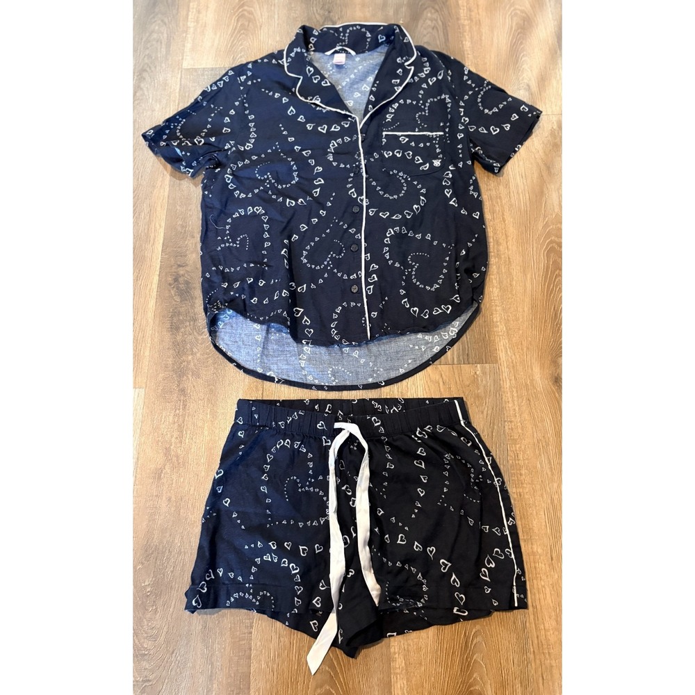 Victoria's Secret Short Pajamas Set PJs Extra‎ Small XS Black White Swirl Hearts